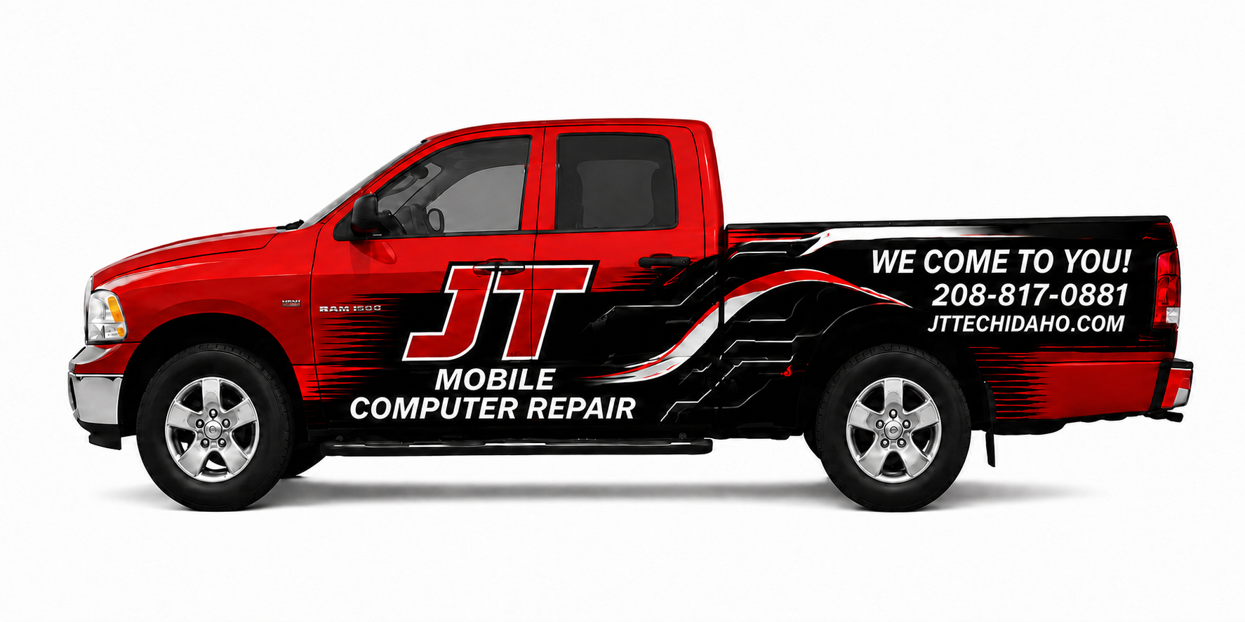 Side view of the red JT Mobile Computer Repair Dodge Ram 1500